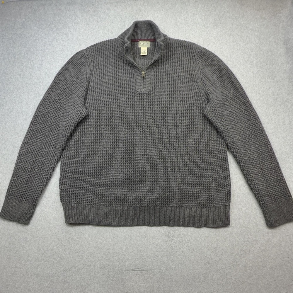 LL Bean Sweater Mens XL Gray Organic Cotton Waffle 1/4 Zip Mock Neck Pullover